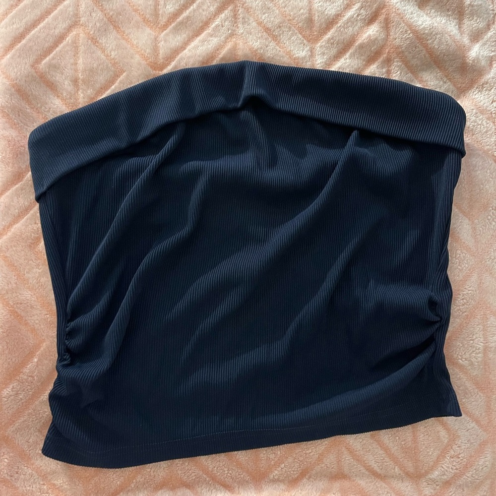 Navy blue strapless top with ruched sides